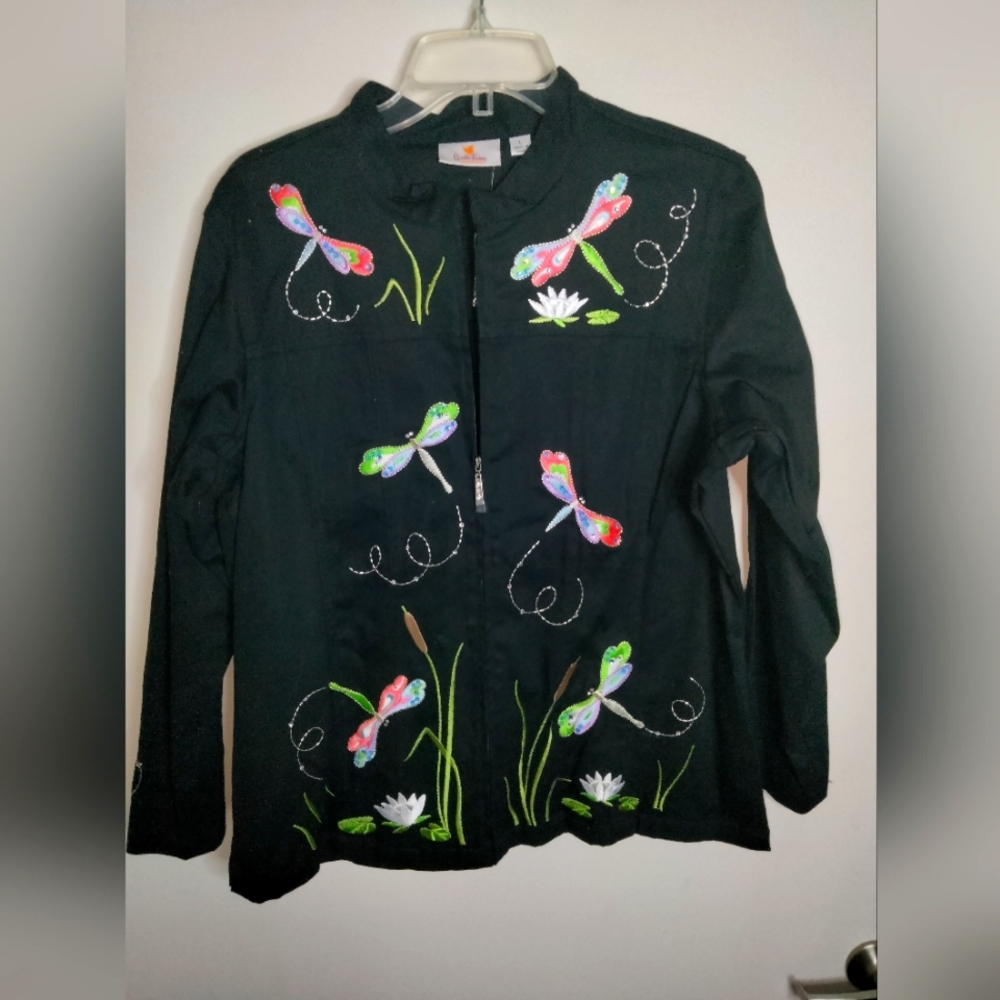 Quacker Factory (Sz L) Black & Colorful Dragonfly Embroidery LS Zip Jacket (NEW)